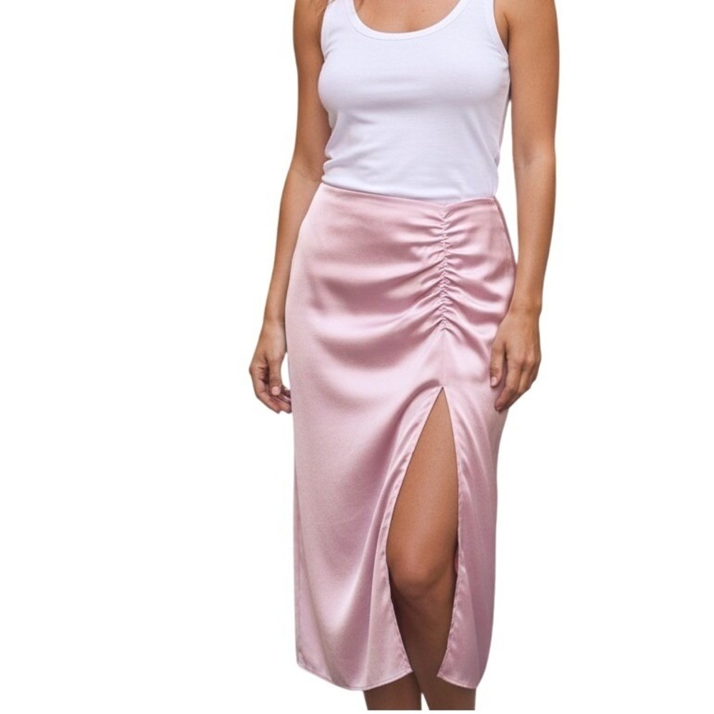 Zara Pink Satin Ruched Front High Slit Midi Skirt Womens Small S